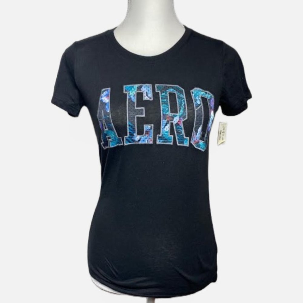 NWT AEROPOSTALE NYC Women Tropical Track Floral Fill Appliqué Graphic Tee Black